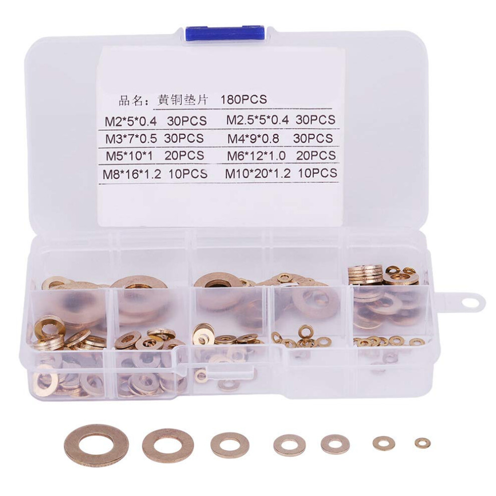 180Pcs Brass Flat Washer Assortment Set With Box M2/M2.5/M3/M4/M5/M6/M8/M10 Metal Washers 724942074355