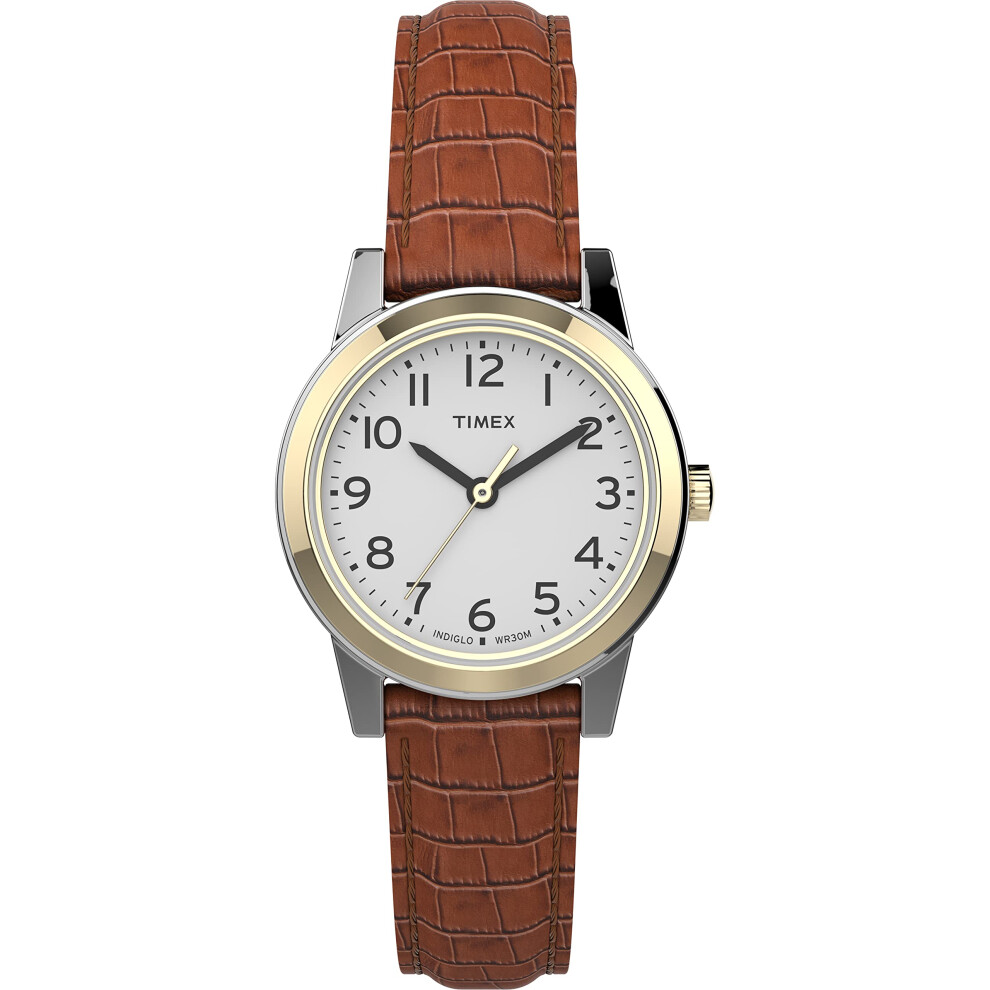 Timex Women's Essex Avenue 25mm Watch - Two-Tone Case White Dial with Brown Leather Strap