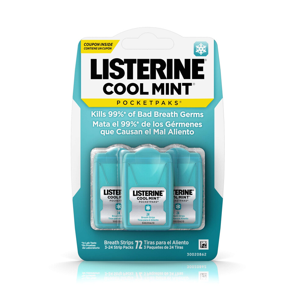 Listerine Cool Mint Pocketpaks Breath Strips Kills Bad Breath Germs  24-Strip Pack  3 Pack