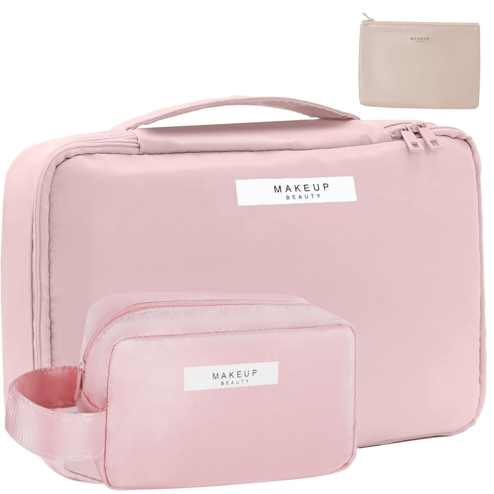 Queboom Travel Makeup Bag Cosmetic Bag Makeup Bag Toiletry Bag For Women And Men (Pink-3Pcs)