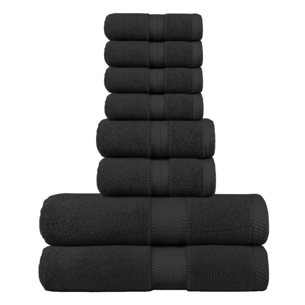 Serviette de bain en   ponge BY LORA, serviette    main et gant de toilette, serviette en peluche pour le bain et la douche, noir, lot de 8