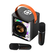 Conjoint de Mini Máquina Karaokê Portátil com Alto-Falante Bluetooth, Luz Colorida Surround 2 Microfones Sem Fio para Crianças e Adultos A