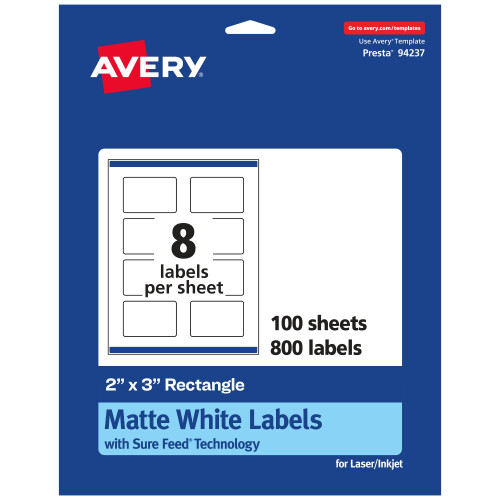 Avery Ματ Λευκές Ετικέτες Ορθογώνιες, 2" x 3", 800 Εκτυπώσιμες Ετικέτες
