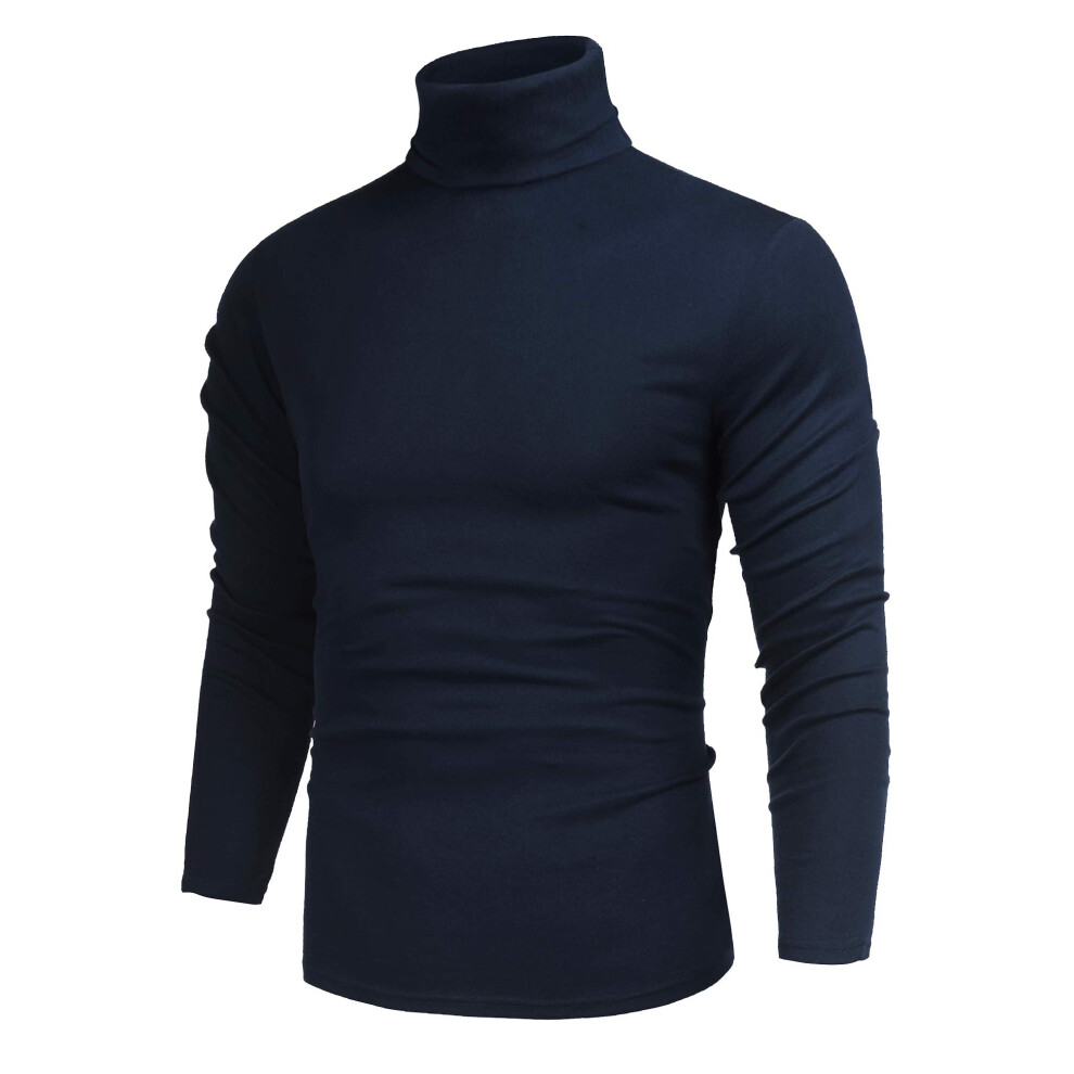 Pull    col roul   thermique en tricot pour homme, coupe slim d  contract  e, bleu marine, taille L