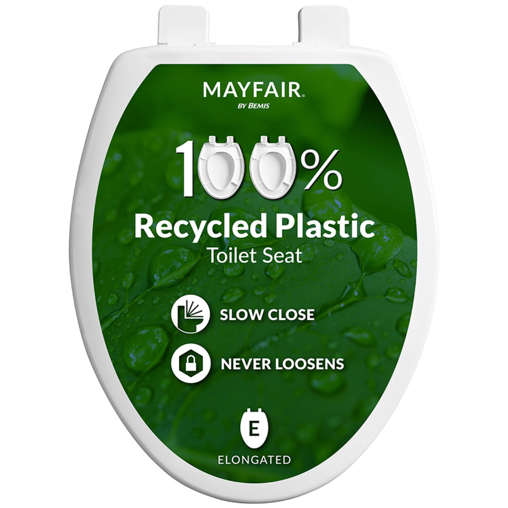 Mayfair Greenleaf Modern Toilet Seat Recycled Plastic Slow Close Easy Clean Elongated White 073088163592