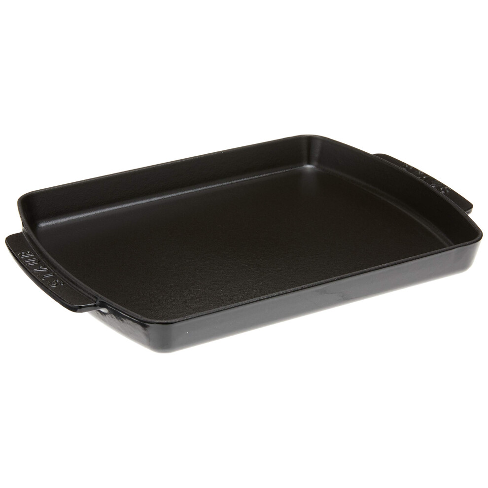 Staub Cast Iron 13 x 9-inch Rectangular Serving Dish with Wood Base - Matte Black  Made in France
