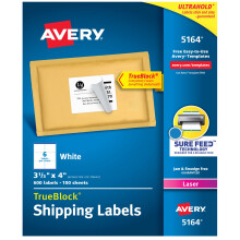 Avery bedrukbare verzendlabels met Sure Feed 3-1/3"""" x 4"""" wit 600 blanco verzendlabels (5164)