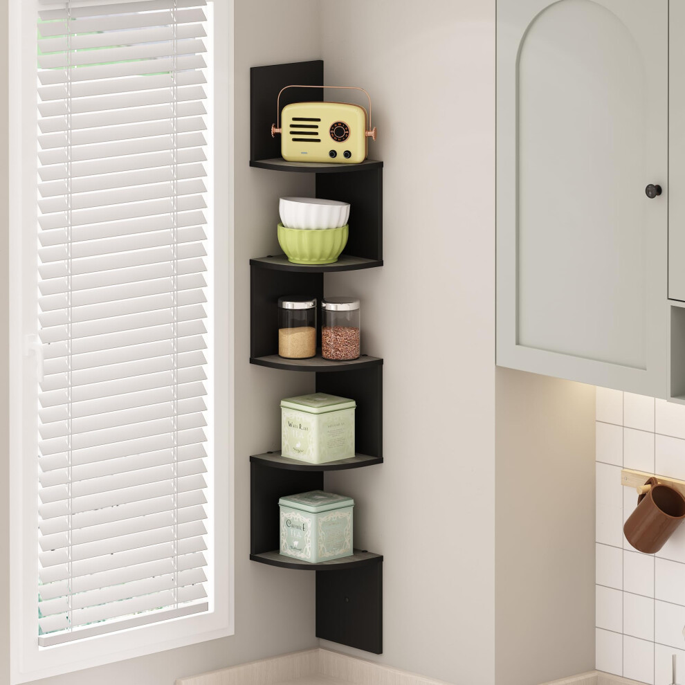 Furinno 5-Tier Floating Corner Shelf Wall Mount Shelves For Storage And Display French Oak/Black 840308810976