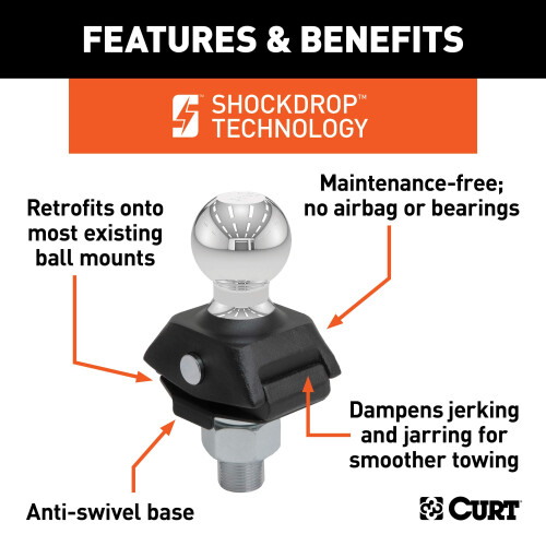 CURT 40247 RockerBall Almofada Engate Bola de reboque 7 500 lbs 2 polegadas de dimetro Haste metlica de 1 polegada 2