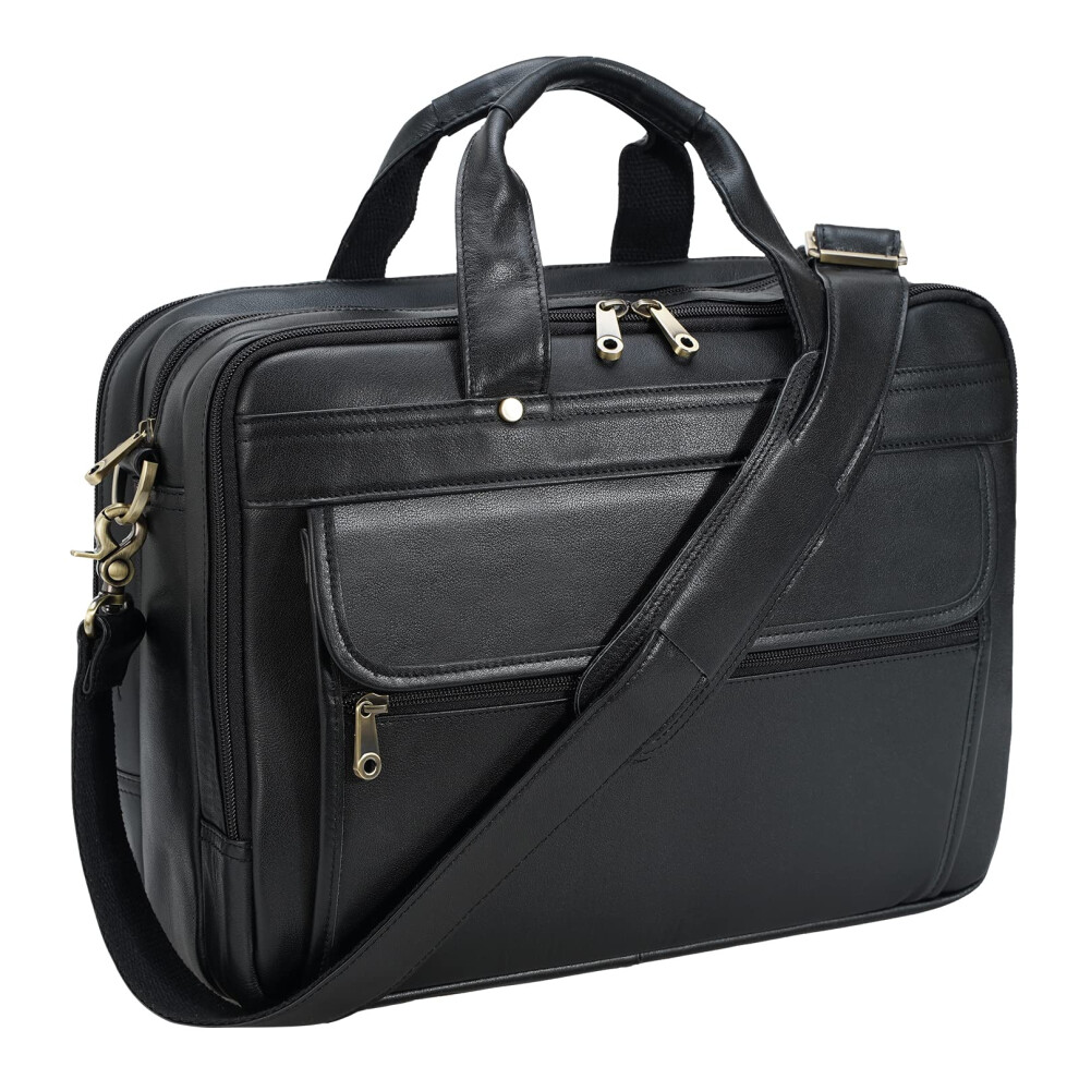Polare Natural Napa Leather 16'' Black Business Briefcase Laptop Messenger Bag for Men with YKK Zippers