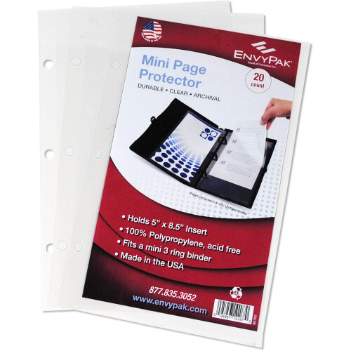 EnvyPak Mini Binder Page Protector - Contm folhas de 5 x 8,5 polegadas - 3 furos perfurados - Pacote de 20 protetores