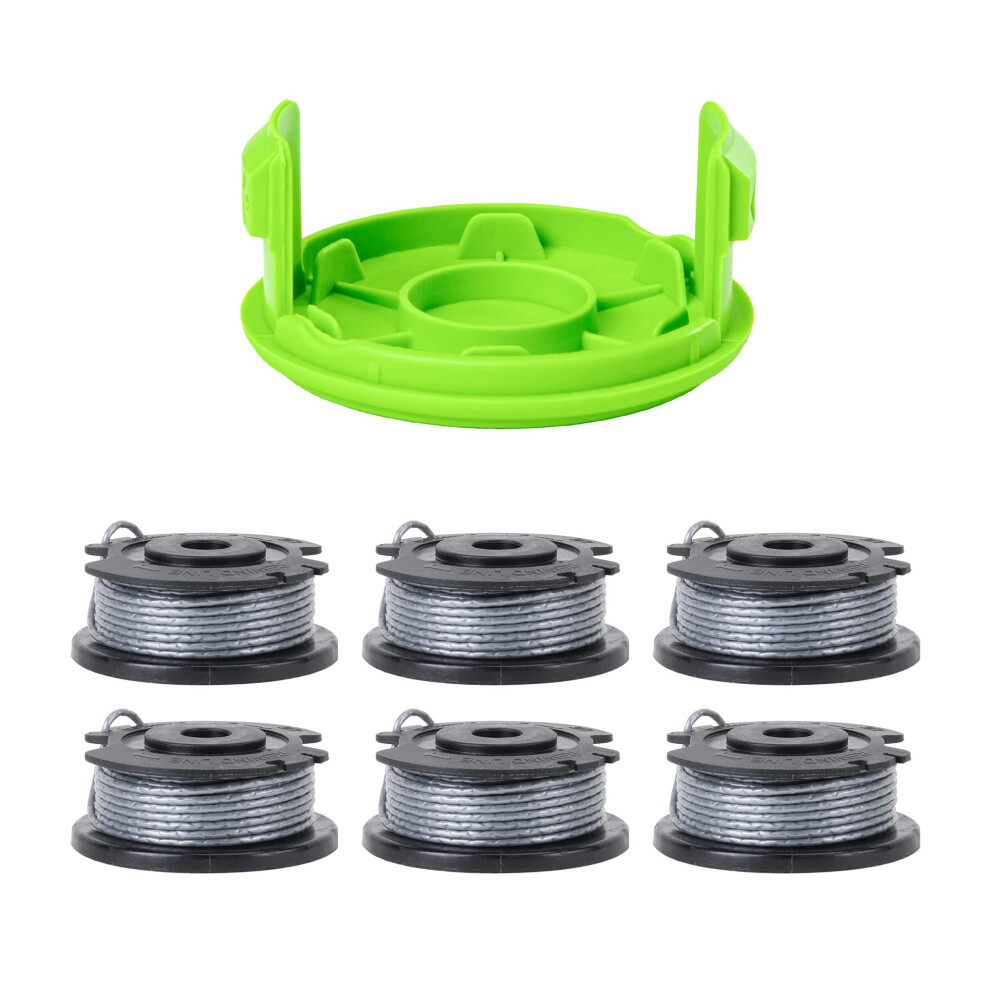 Greenworks 0.065"""" Single Line Auto-Feed String Trimmer Spools (6-Pack) + Replacement Spool Cover  Gray
