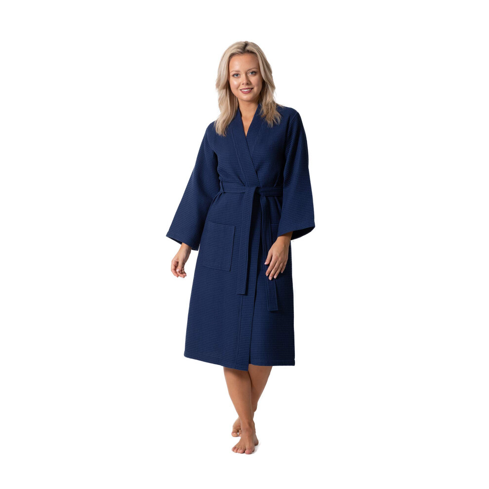 Peignoir de bain et de spa l?ger en lin turc gaufr? pour femme - S?chage rapide - Doux (bleu marine, taille L)