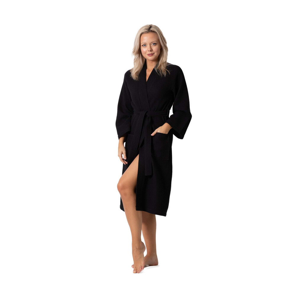 Peignoir de bain et de spa l?ger en lin turc gaufr? pour femme - S?chage rapide - Doux (Noir, taille L)