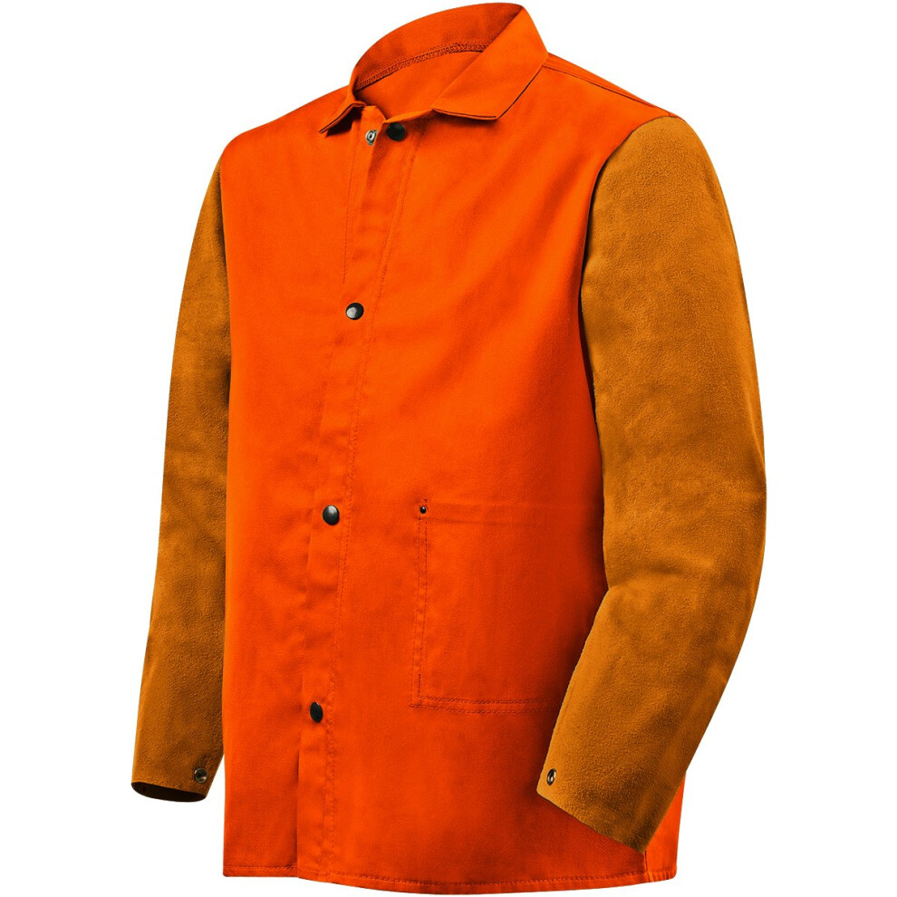 Veste Steiner 1250-M 30 Pouces Weldlite Plus Orange Ignifuge Coton Marron Manches En Cuir De Vachette Taille M-image