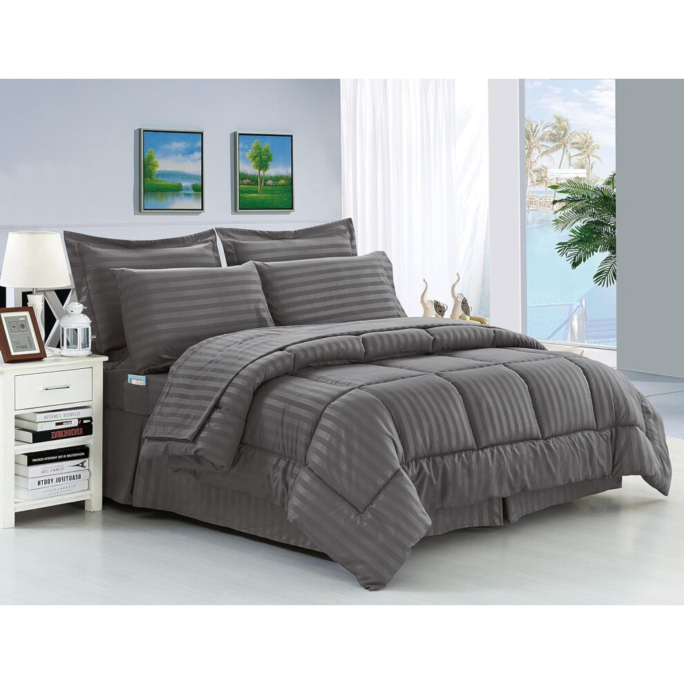 Parure de lit 8 pi   ces    l   gante et confortable, r   sistante aux plis et     rayures, douce et soyeuse, en tissu Dobby, gris tr   s grand lit