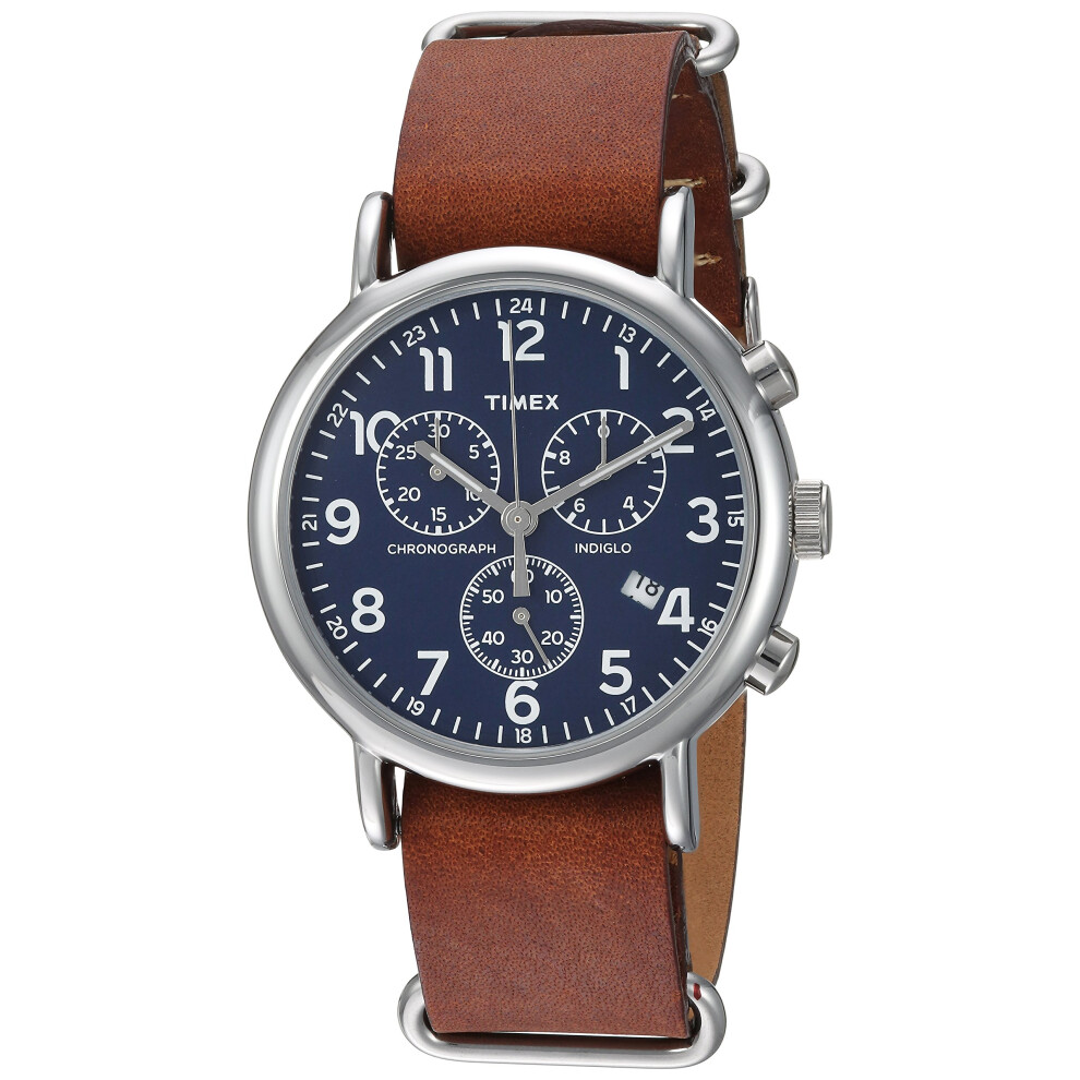 Timex Weekender Chrono Quartz Analog Watch with Leather Strap  Brown/Silver/Blue  40 mm (Model: TW2R63200)