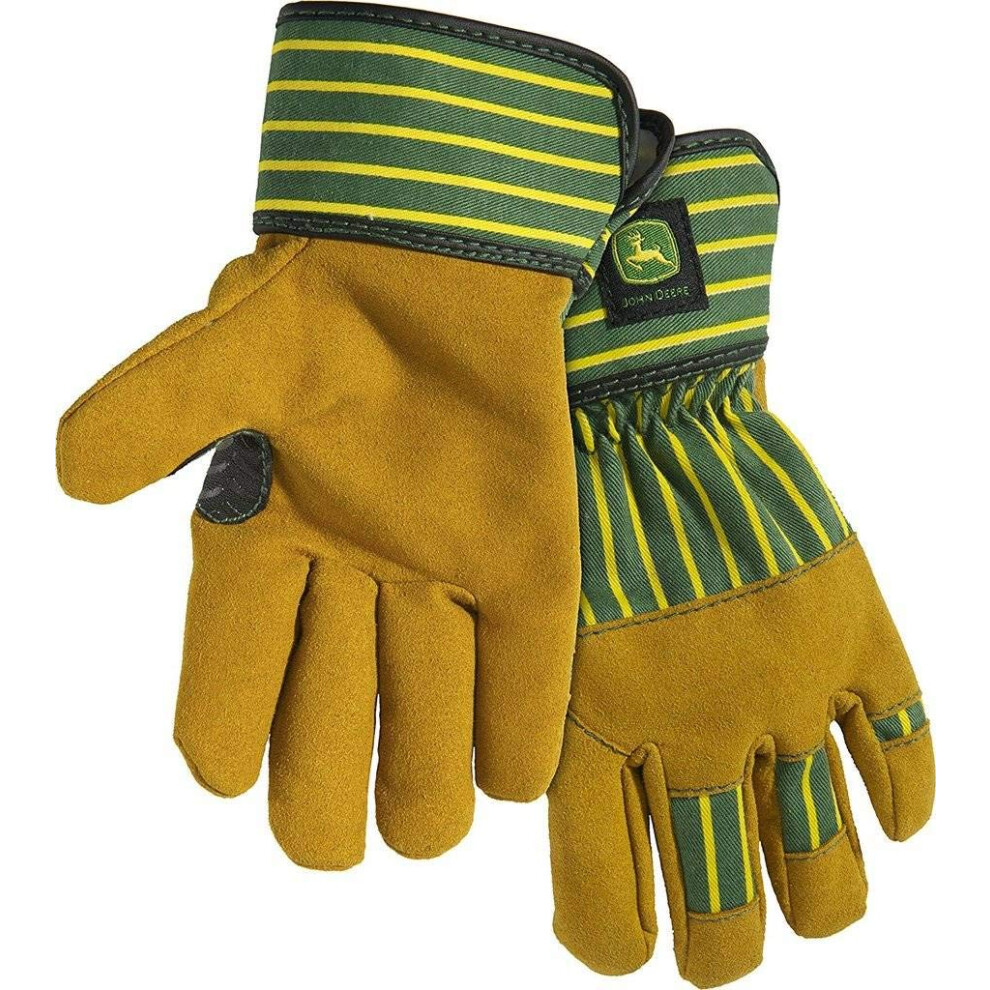 John Deere JD00024-Y Youth Split Cowhide Leather Palm Gloves  Abrasion Resistant  Yellow/Green  Youth-Small