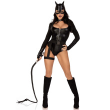 3 PC Fierce Feline inkluderer behandsket bodysuitb?lte i skridtet med p?sat str?mpeb?nd og katte?re-kappeh?tte.