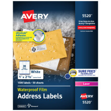 Avery Waterproof Printable Address Labels with Sure Feed 1"""" x 2-5/8"""" White 1 500 Blank Mailing Labels (5520)