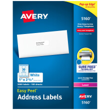 Avery Easy Peel utskrivbara adressetiketter med sker matning 1"""" x 2-5/8"""" Vita 3 000 tomma postetiketter (05160)