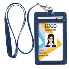 Teskyer Badge Holder with Lanyard Leather ID Name Badge Card Holder with Lanyard for ID Badges Vertical Blue