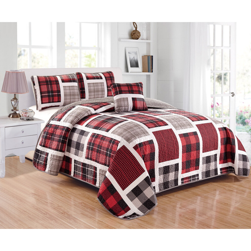 Parure de lit matelass   e r   versible 3 pi   ces MK Collection pour lit double, motif patchwork    cossais, gris, rouge, noir et blanc, nouveaut