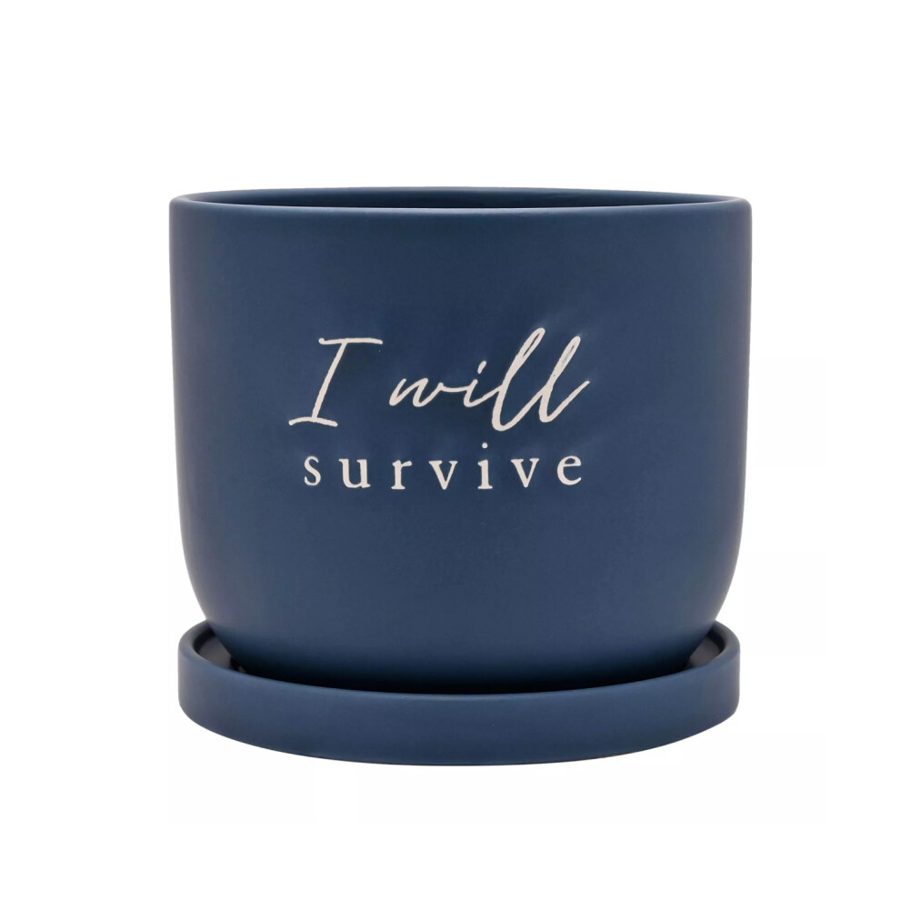 Flower Pot Planter Ceramic With Saucer I Will Survive Round Navy Blue Cactus