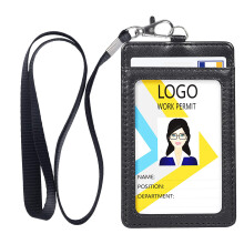 Teskyer Badge Holder with Lanyard Leather ID Name Badge Card Holder with Lanyard for ID Badges Vertical Black