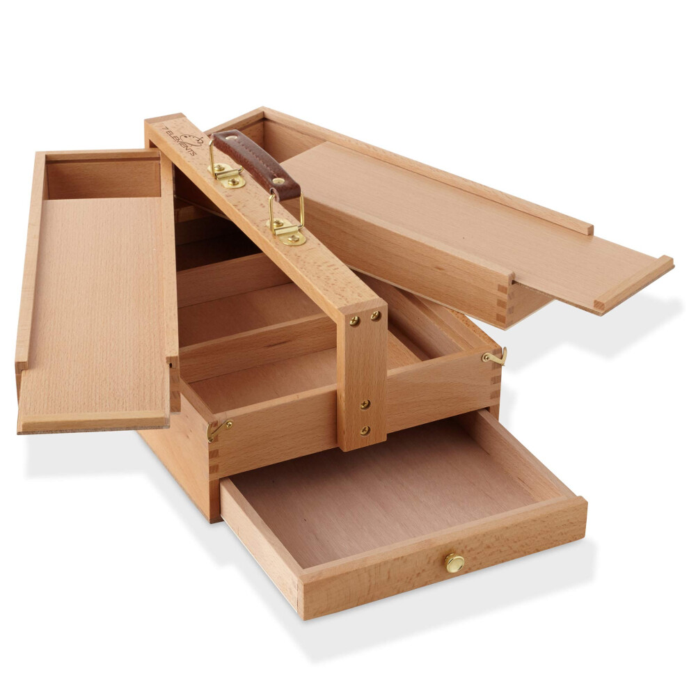 7 Elements Houten Multifunctionele Opbergdoos voor Kunstenaarsgereedschap en Kwasten - Beukenhouten Organisator voor Kunstbenodigdheden met Laden