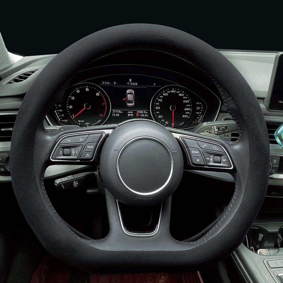 Carodi Car Suede Steering Wheel Cover Car Non-Slip Leather Car Interior Fitting 15-Inch Universal(D-Shape ) Black 754407631335