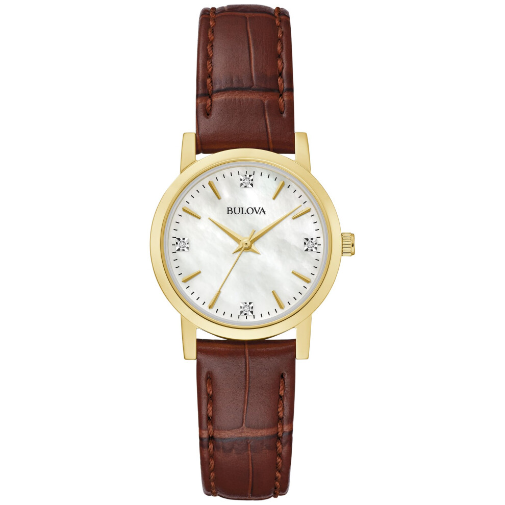Bulova Ladies' Classic Diamond Gold Stainless Steel 3-Hand Quartz Watch  Brown Leather Strap  27mm Style: 97P170