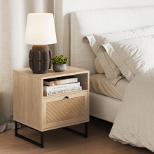 Nathan James Mina Rattan Wood End Side Accent Table Nightstand with Storage for Living Room or Bedroom 1 Oak/Black