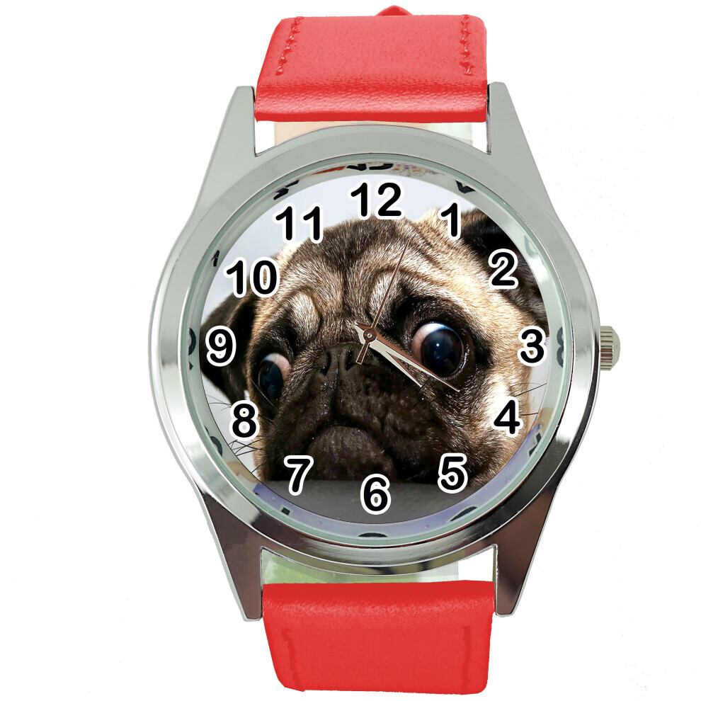 (Red) Pug Dog Quartz Round Watch With Real Leather Strap-image-OPC-PGG8H9T-NEW