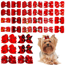PET SHOW Mixed Styles Pet Cat Puppy Topknot Small Dog Hair Bows with Rubber Bands Grooming Accessories Red Pack of 20