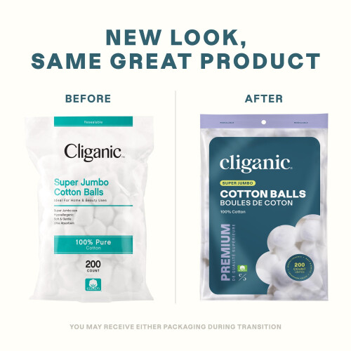 Cliganic Υπερμεγέθεις Μπαλάκια Βαμβακιού (200 Τεμ) - Υποαλλεργικά, Απορροφητικά, 100% Αγνά 1