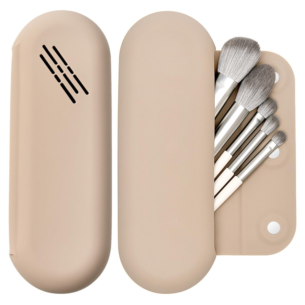 Lubanone Makeup Brush Holder Magnetic Closure Make Up Brushes Organizer Silicone Makeup Bag Travel Essentials (Khaki)