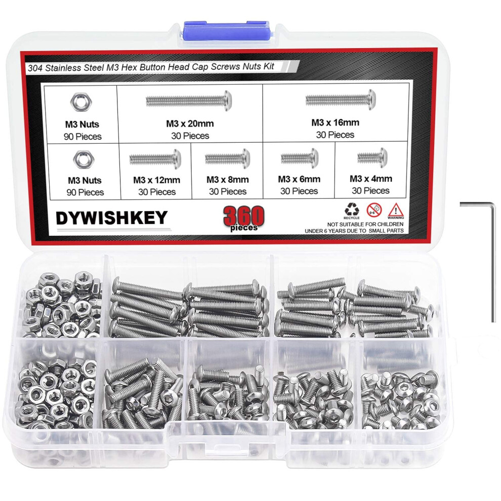 Dywishkey 360-Teiliges M3 X 4 Mm/6 Mm/8 Mm/12 Mm/16 Mm/20 Mm Edelstahl 304 Sechskant-Halbrundschrauben Schrauben Und Muttern-Set-image