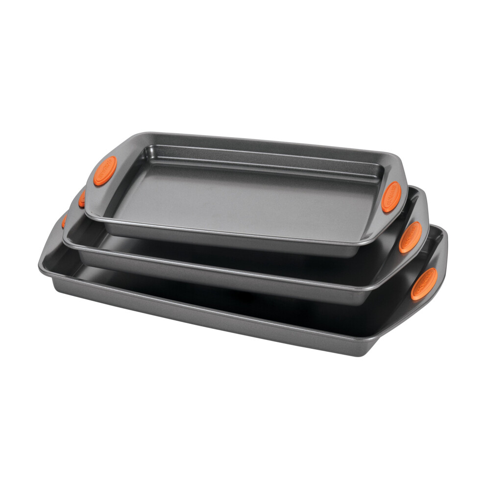 Rachael Ray Nonstick Bakeware Set with Grips Nonstick Cookie Sheets / Baking Sheets - 3 Piece Gray with Orange Grips