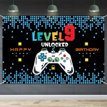 HAMIGAR 6x4ft Happy 9th Birthday Banner Achtergrond - Level 9 Ontgrendelde Verjaardagsdecoraties Feestartikelen voor Jongens - Blauw