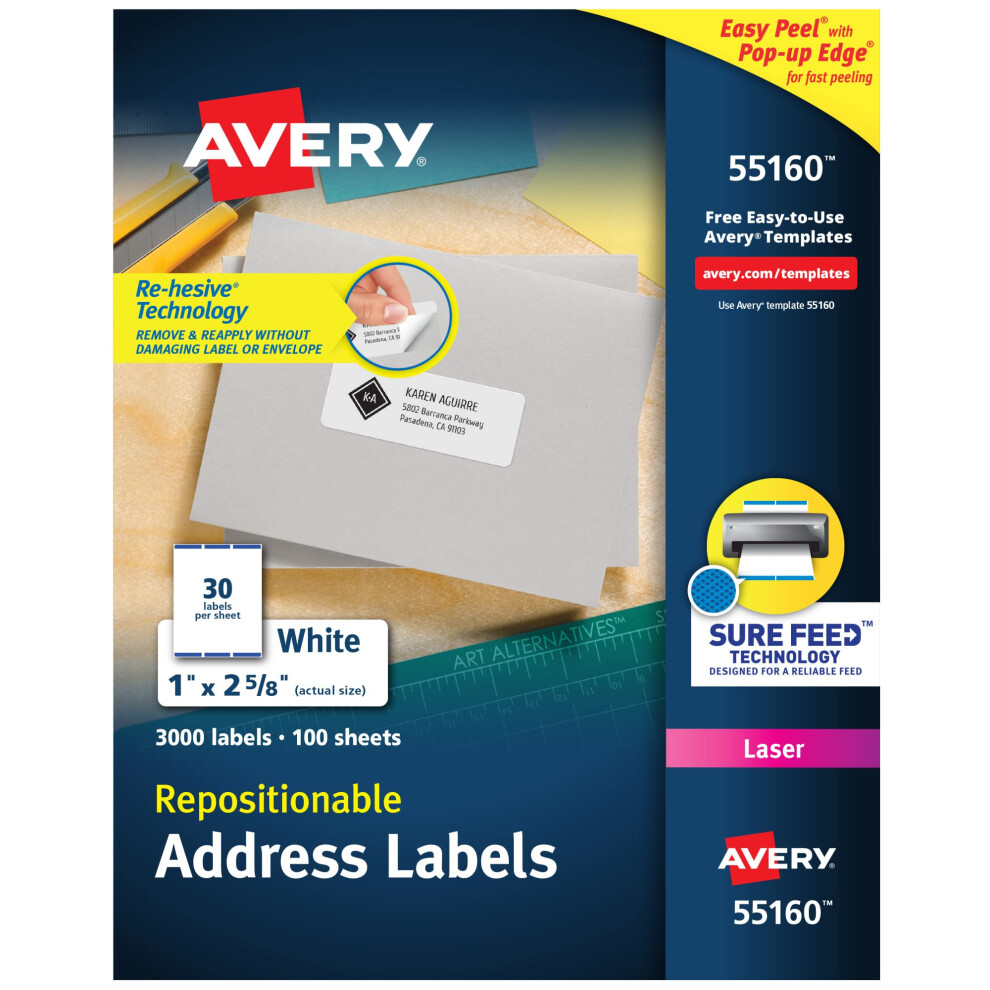 Tiquettes D'adresse Imprimables Repositionnables Avery Avec Syst Me Sure Feed 1"""" X 2-5/8"""" Blanches, 3 000 Tiquettes Postales Vierges (55160)-image