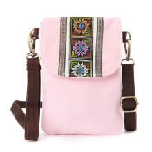 Vintage Embroidered Canvas Small Flip Crossbody Bag Cell Phone Pouch for Women Wristlet Wallet Bag Coin Purse (Pink 05)