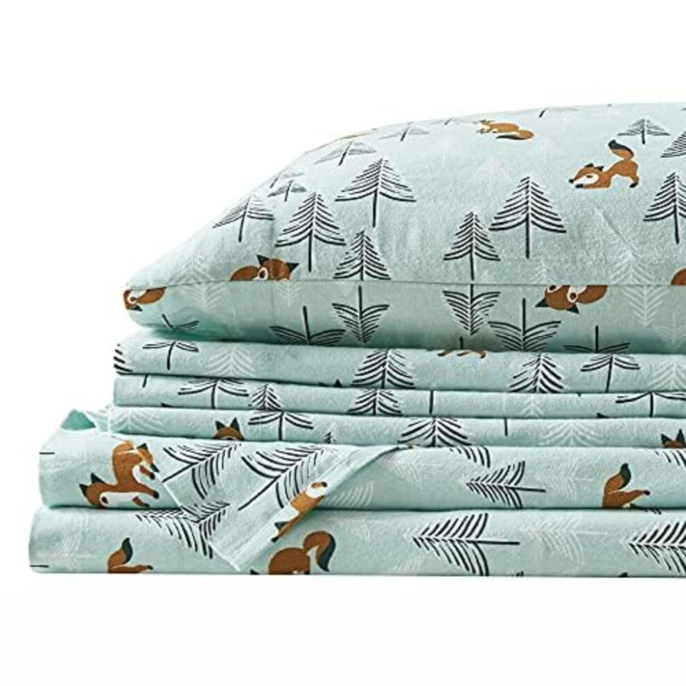 Comfort Spaces Cotton Flannel Breathable Warm  Deep Pocket Sheets with Pillow Case Bedding  Full  Seafoam Foxes 4 Piece