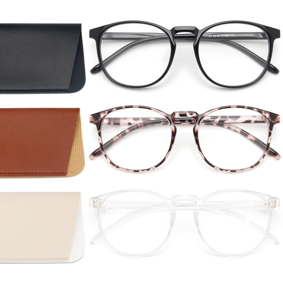 IBOANN 3 Pack Blue Light Blocking Glasses Women/Men Round Fashion Retro Frame Vintage Fake Eyeglasses with Clear Lens