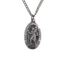 Feine, oxidierte, silberfarbene Christophorus-Medaille, 3,5 cm lang, an einer 60 cm langen, echten rhodinierten Kette mit Geschenkbox (SO8747)