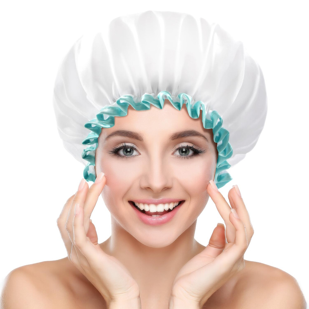 Mikimini White Shower Cap For Women And Girls 2 Pack Double Waterproof Reusable Washable Super Cute And Soft Comfortable