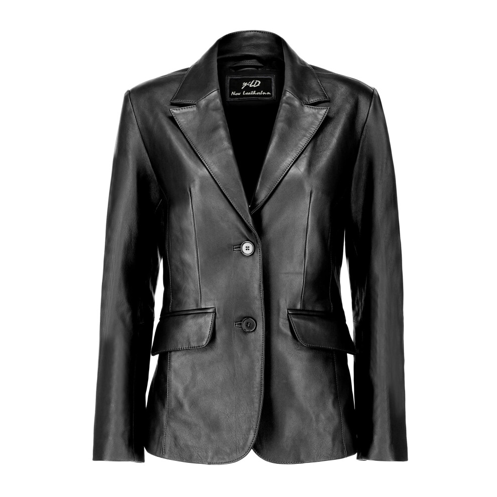 Blazer classique en cuir d'agneau     2 boutons pour femme, style d   contract   , manches longues, style costume (LC-BLK-XL)