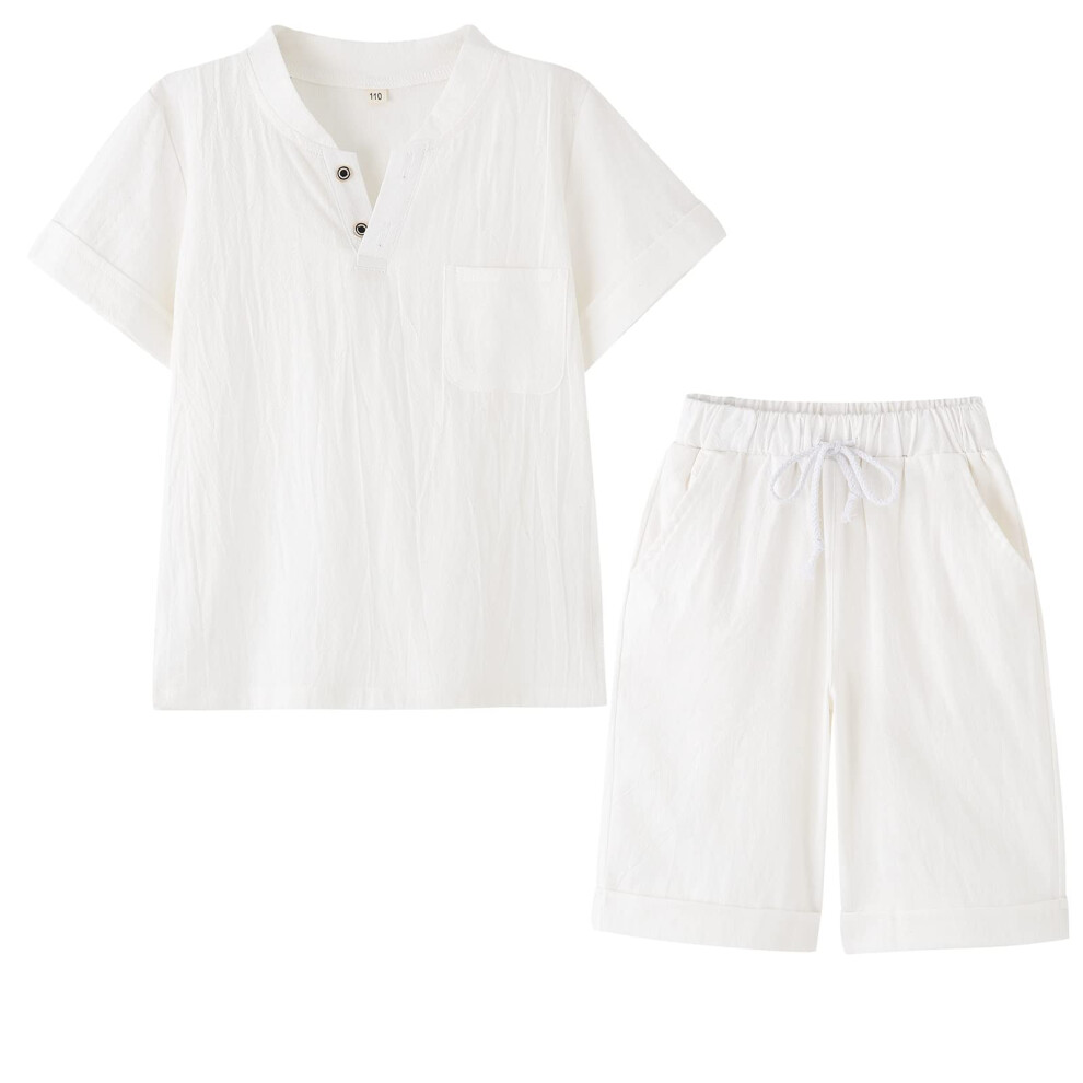 POBIDOBY Ensemble t-shirt et short pour gar?on, en coton et lin, manches courtes, v?tements d'?t? pour enfants, deux pi?ces, pantalons (blanc, 8)