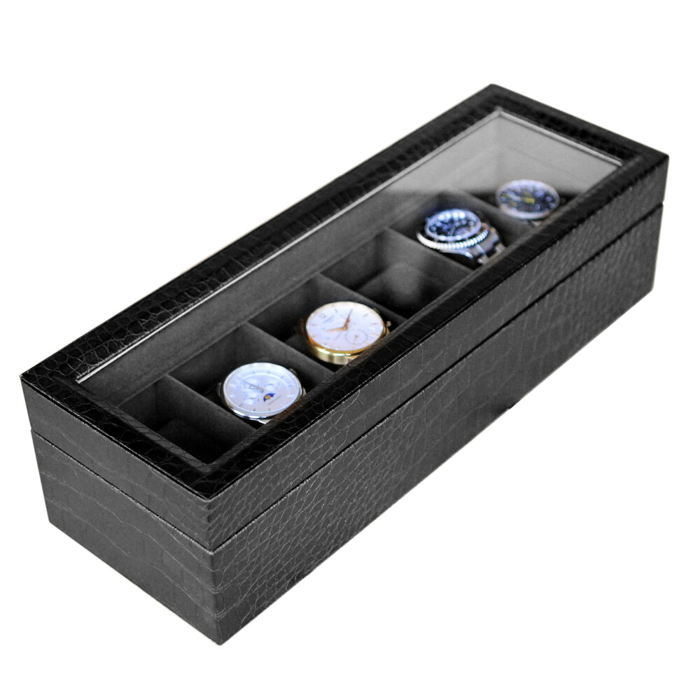 Case Elegance Scatola Per Orologi In Finta Pelle, Texture Di Coccodrillo, Cofanetto Per Orologi Uomo/Donna, Scatola Portaoggetti Per Orologi, Organizer Con Coperchio In Vetro, 6 Scomparti-image