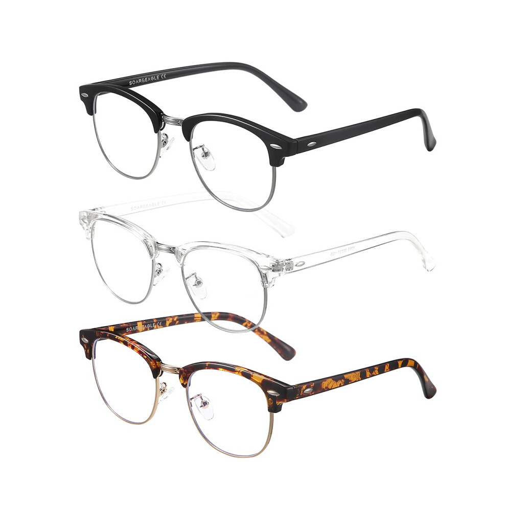 Soar&Eagle 3 Pack Blue Light Blocking Glasses Computer Gaming Glasses Retro Semi Rimless Uv400 Clear Lens Computer Eyewear